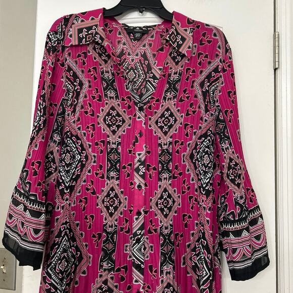 Alfani Pink Black Pleated Longline Button Down Bell Sleeve Tunic Top 20w - Picture 3 of 11